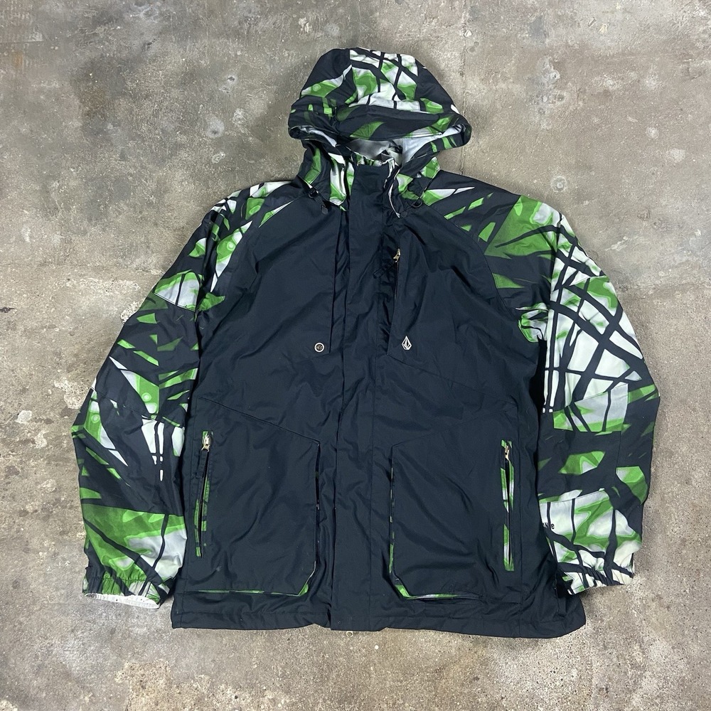 Vintage‎ Y2K Volcom Thermonite Ski Jacket Size XL Black Green Geometric Pattern